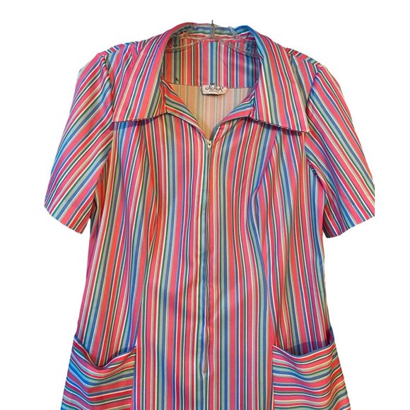 Vintage 1970s Retro Dress Vertical Stripes  Front Pockets Size Medium - Picture 3 of 6